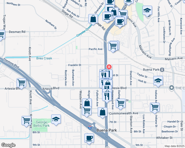 map of restaurants, bars, coffee shops, grocery stores, and more near 5794 Kingman Avenue in Buena Park