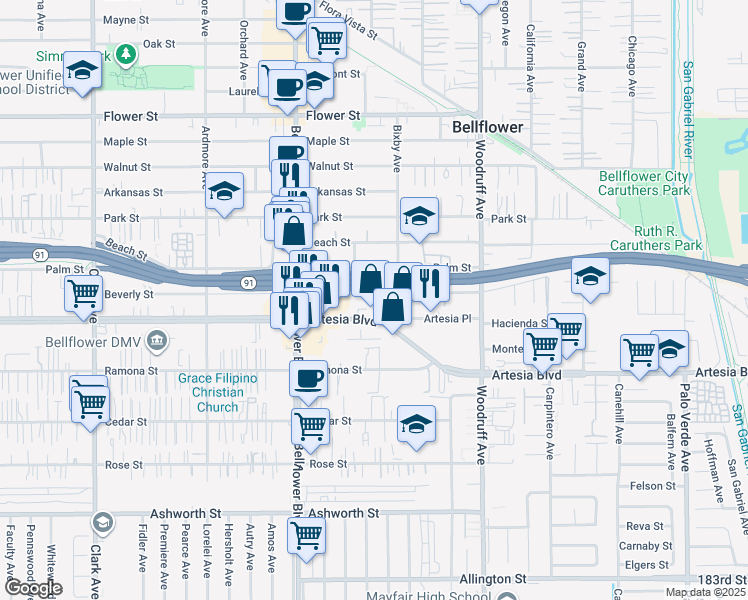 map of restaurants, bars, coffee shops, grocery stores, and more near 9932 Beverly Street in Bellflower