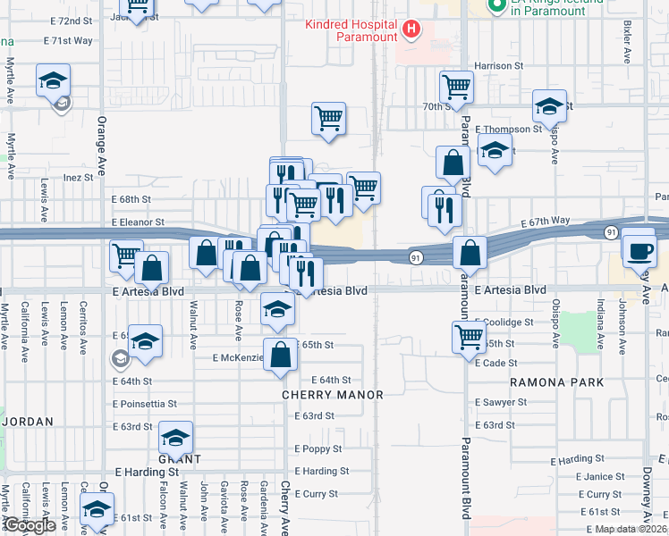 map of restaurants, bars, coffee shops, grocery stores, and more near 6640 Schilling Avenue in Long Beach