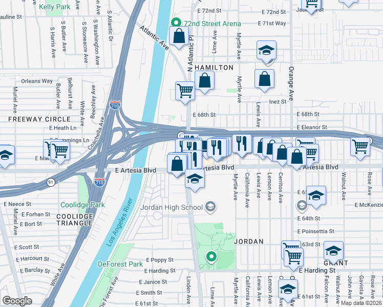 map of restaurants, bars, coffee shops, grocery stores, and more near in Long Beach