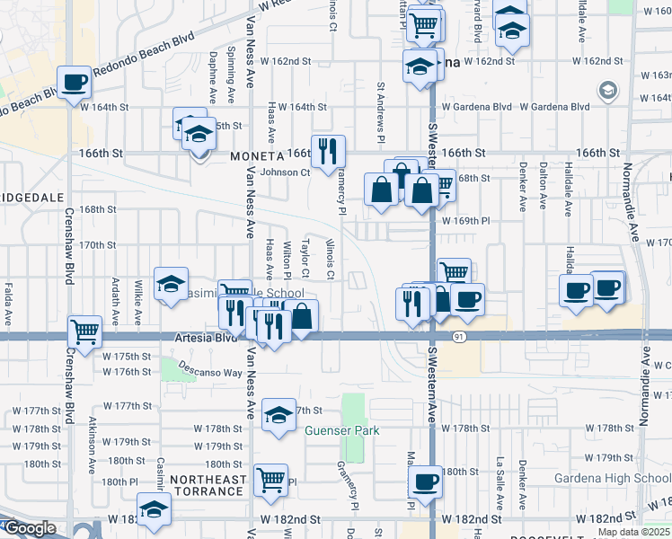 map of restaurants, bars, coffee shops, grocery stores, and more near 17010 Illinois Court in Torrance