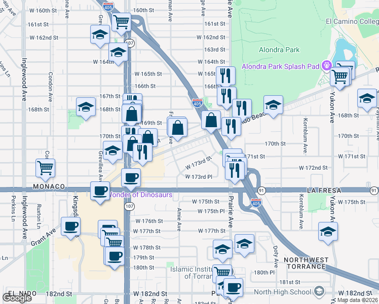 map of restaurants, bars, coffee shops, grocery stores, and more near 4138 Redondo Beach Boulevard in Torrance