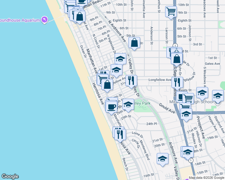 map of restaurants, bars, coffee shops, grocery stores, and more near 242 32nd Place in Hermosa Beach