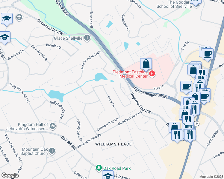 map of restaurants, bars, coffee shops, grocery stores, and more near 2150 Glenhurst Drive in Snellville