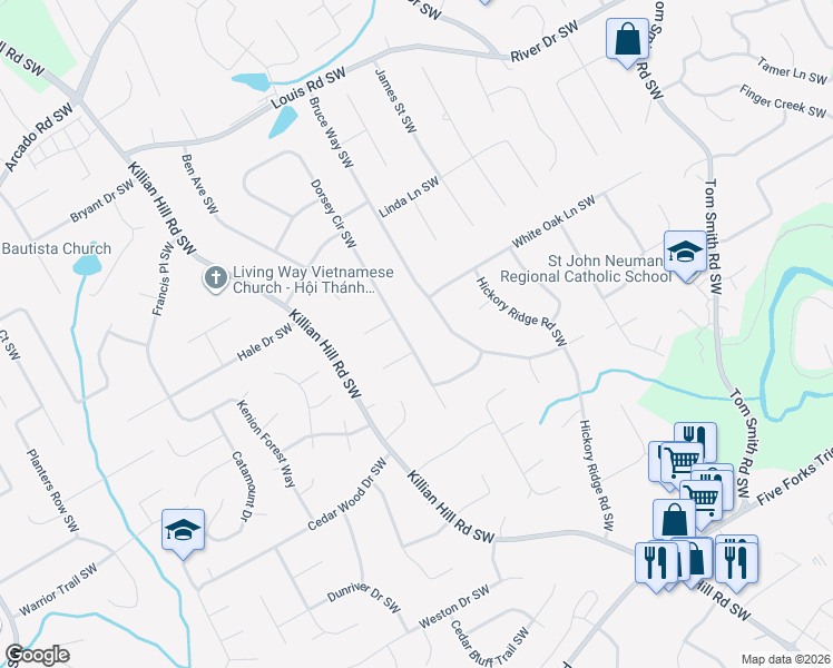 map of restaurants, bars, coffee shops, grocery stores, and more near 652 Dorsey Circle Southwest in Lilburn