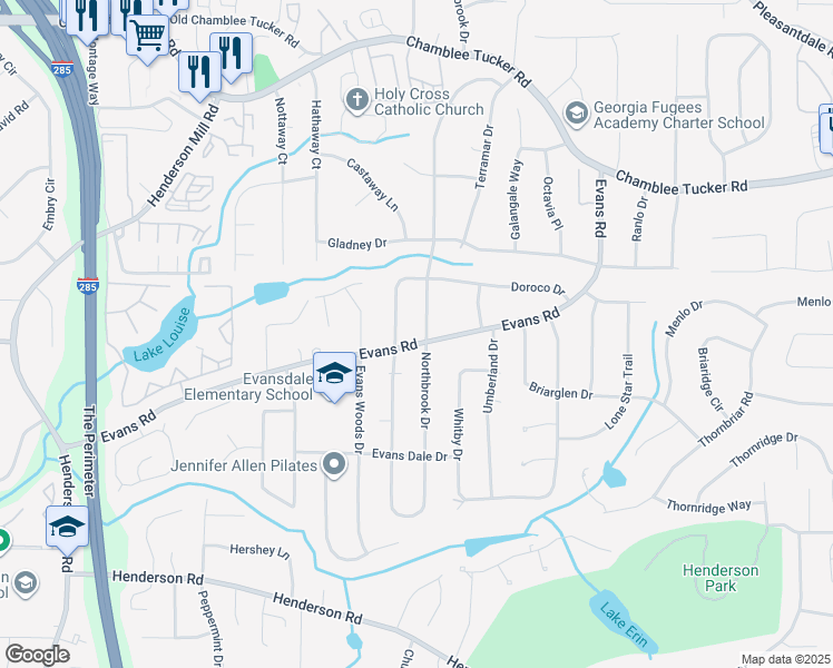 map of restaurants, bars, coffee shops, grocery stores, and more near 2994 Northbrook Drive in Doraville