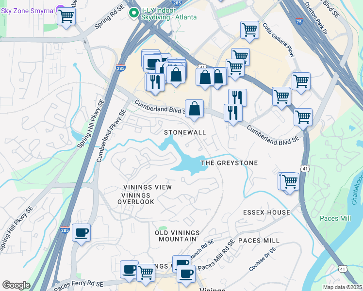map of restaurants, bars, coffee shops, grocery stores, and more near 3705 Stonewall Circle in Atlanta