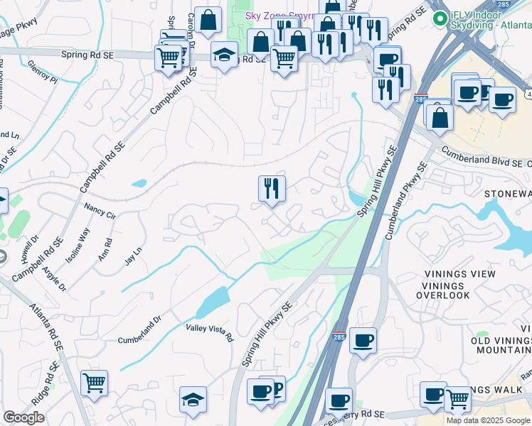 map of restaurants, bars, coffee shops, grocery stores, and more near 1603 Cumberland Court Southeast in Smyrna