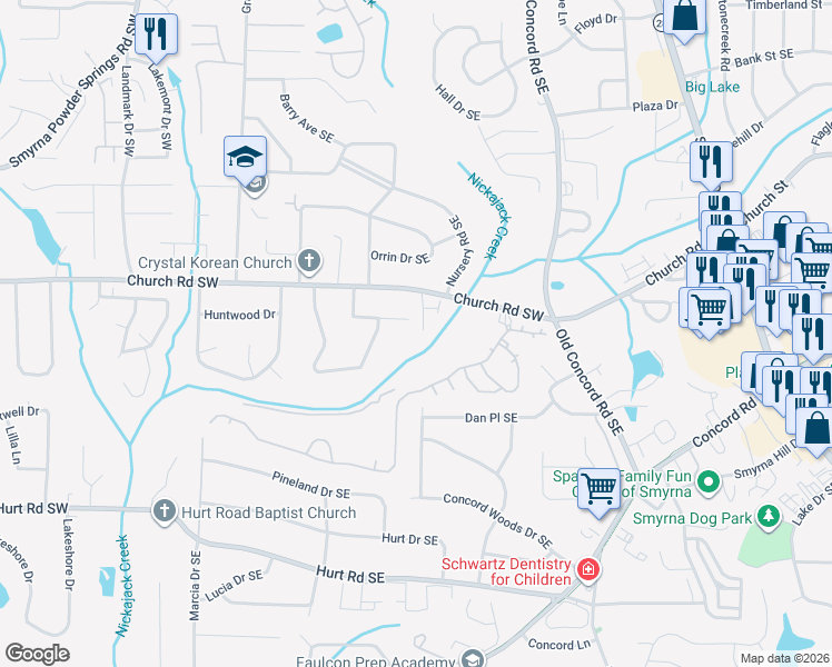 map of restaurants, bars, coffee shops, grocery stores, and more near 3164 Autumn Brook Trail in Smyrna