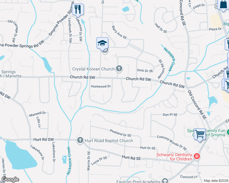 map of restaurants, bars, coffee shops, grocery stores, and more near 3206 Woodview Drive Southeast in Smyrna