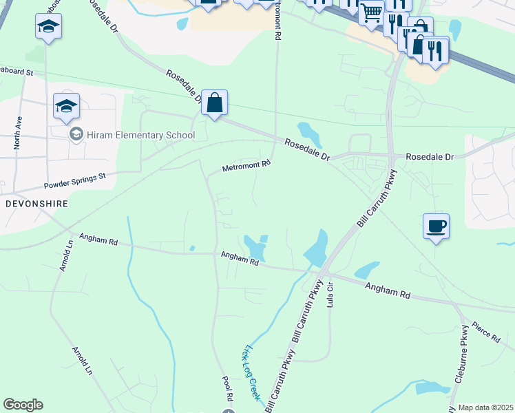 map of restaurants, bars, coffee shops, grocery stores, and more near 150 Hiram Industrial Drive in Hiram