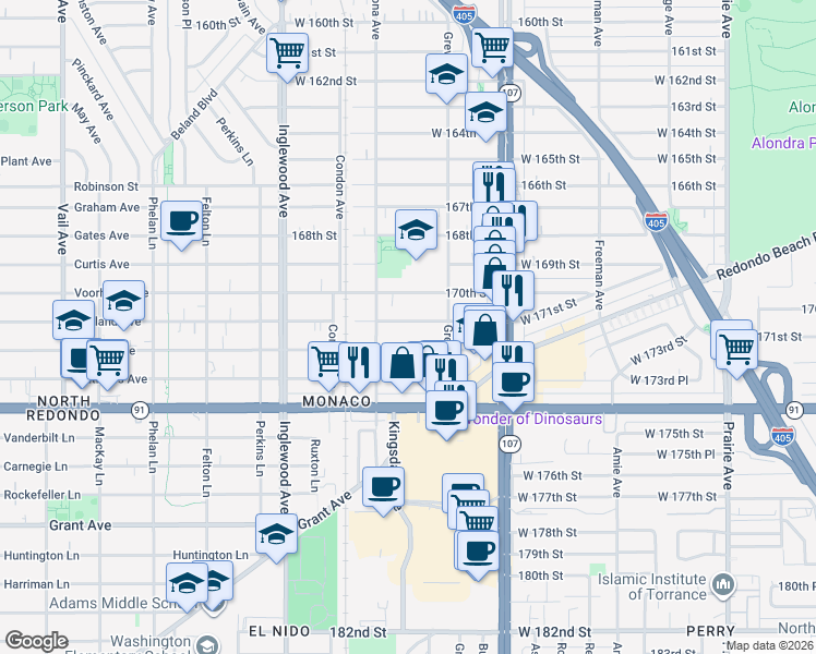 map of restaurants, bars, coffee shops, grocery stores, and more near 4548 West 171st Street in Lawndale