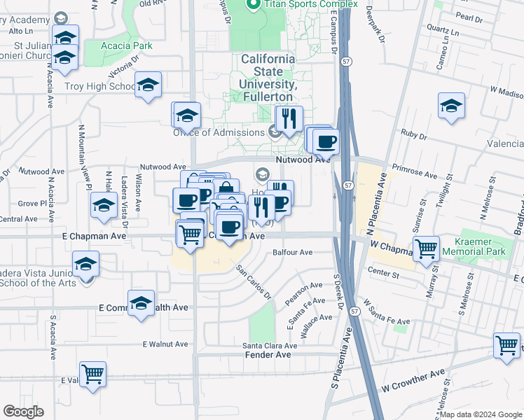 map of restaurants, bars, coffee shops, grocery stores, and more near 2550 College Place in Fullerton