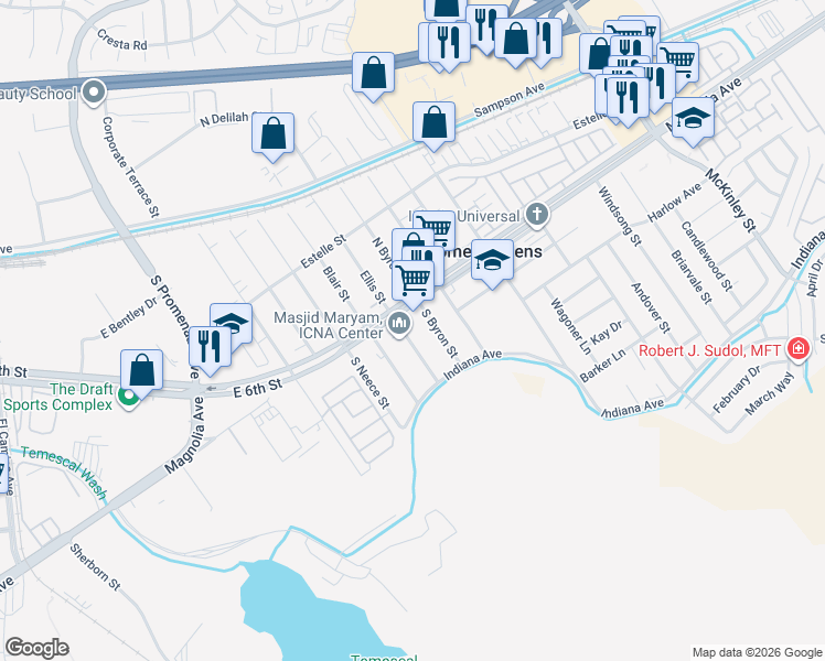 map of restaurants, bars, coffee shops, grocery stores, and more near 3763 Ellis Street in Corona