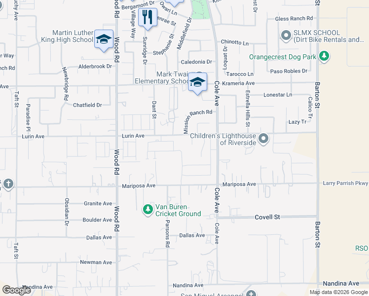 map of restaurants, bars, coffee shops, grocery stores, and more near 19351 Lurin Avenue in Riverside