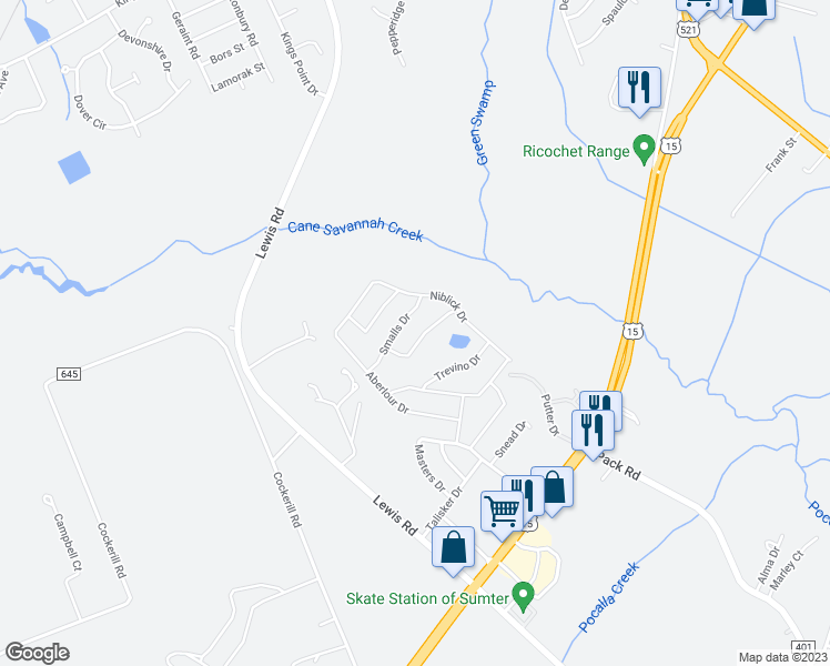 map of restaurants, bars, coffee shops, grocery stores, and more near 1740 Nicholas Drive in Sumter