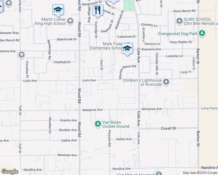 map of restaurants, bars, coffee shops, grocery stores, and more near 19246 Salamanca Street in Riverside