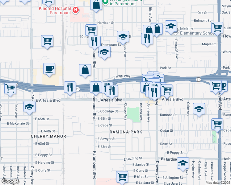 map of restaurants, bars, coffee shops, grocery stores, and more near 6641 North Hammond Avenue in Long Beach