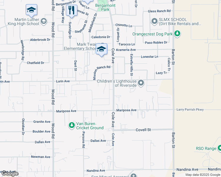 map of restaurants, bars, coffee shops, grocery stores, and more near 9650 Babaco Street in Riverside