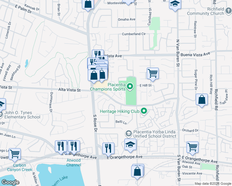 map of restaurants, bars, coffee shops, grocery stores, and more near 584 McFadden Street in Placentia