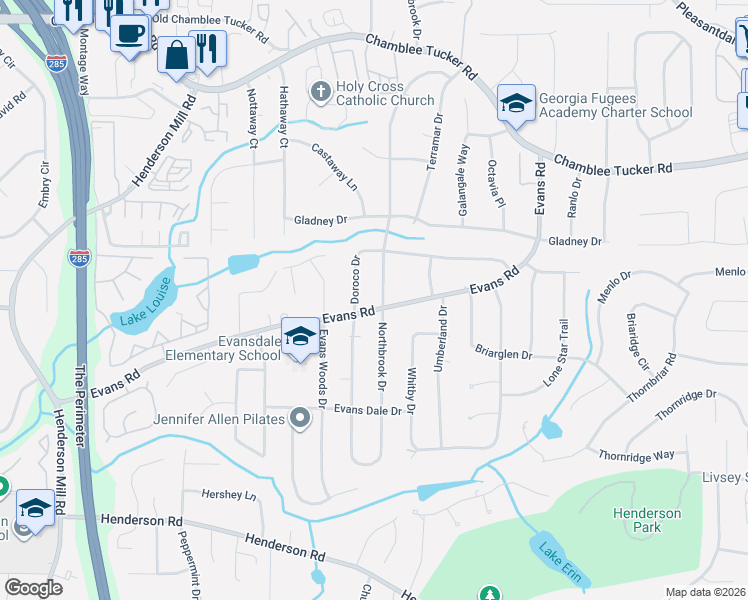 map of restaurants, bars, coffee shops, grocery stores, and more near 2994 Northbrook Drive in Doraville