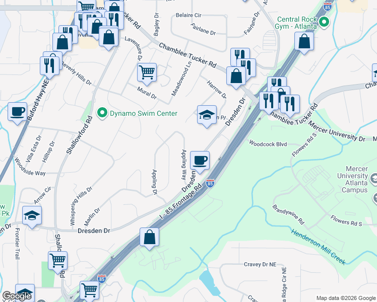 map of restaurants, bars, coffee shops, grocery stores, and more near 2991 Appling Way in Chamblee