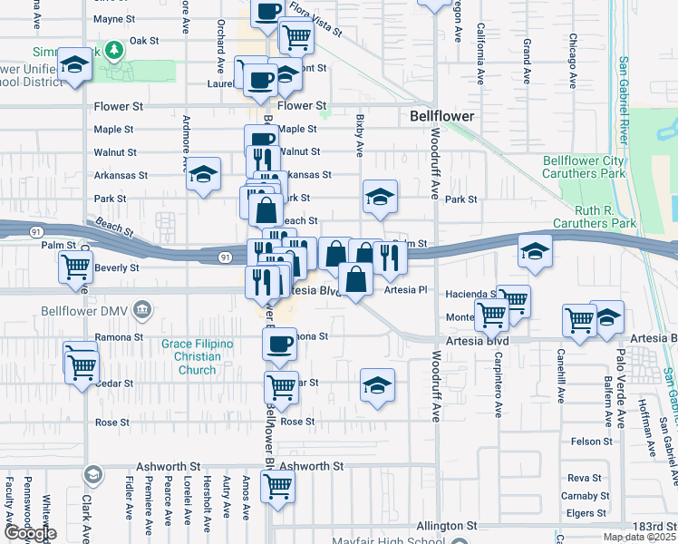 map of restaurants, bars, coffee shops, grocery stores, and more near 9932 Beverly Street in Bellflower