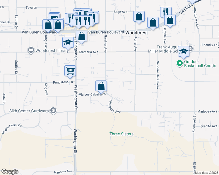 map of restaurants, bars, coffee shops, grocery stores, and more near 16750 Gardner Avenue in Riverside