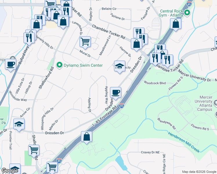 map of restaurants, bars, coffee shops, grocery stores, and more near 2991 Appling Way in Chamblee
