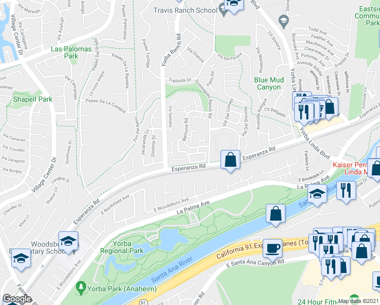map of restaurants, bars, coffee shops, grocery stores, and more near 21133 Vía Santiago in Yorba Linda