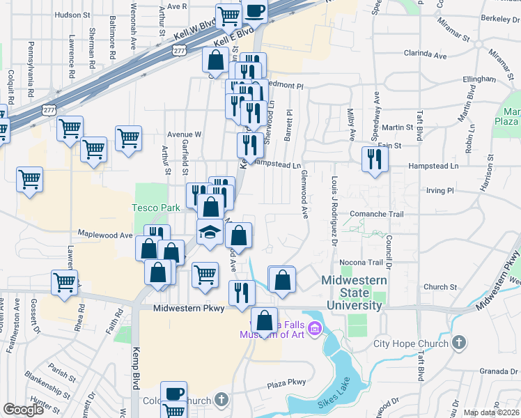 map of restaurants, bars, coffee shops, grocery stores, and more near 3423 Sherwood Lane in Wichita Falls