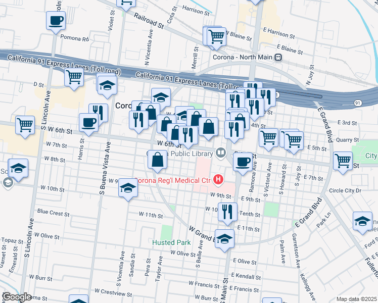 map of restaurants, bars, coffee shops, grocery stores, and more near 512 South Merrill Street in Corona