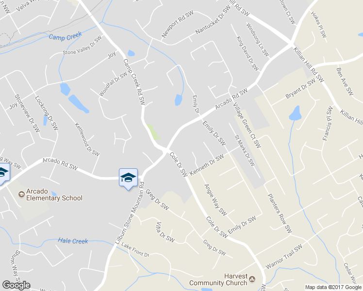 map of restaurants, bars, coffee shops, grocery stores, and more near 4780 Arcado Road Southwest in Lilburn