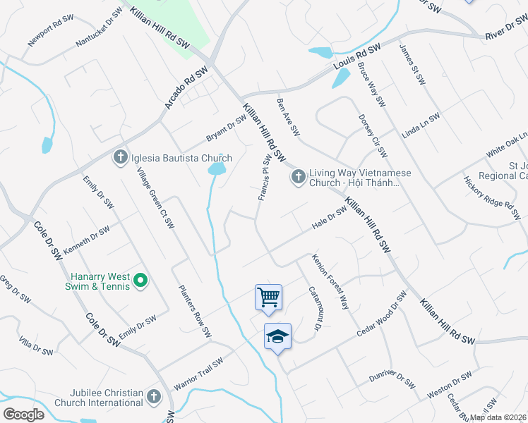 map of restaurants, bars, coffee shops, grocery stores, and more near 526 Francis Place Southwest in Lilburn