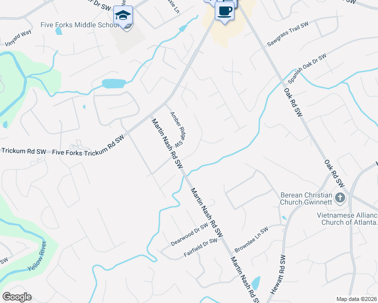 map of restaurants, bars, coffee shops, grocery stores, and more near 1164 Amber Ridge Southwest in Lilburn