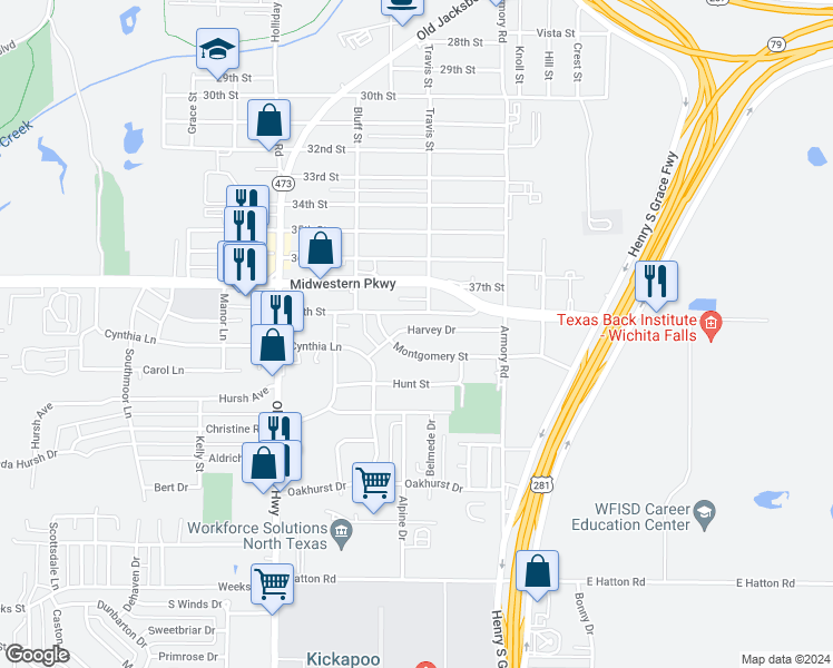 map of restaurants, bars, coffee shops, grocery stores, and more near 1305 Harvey Drive in Wichita Falls