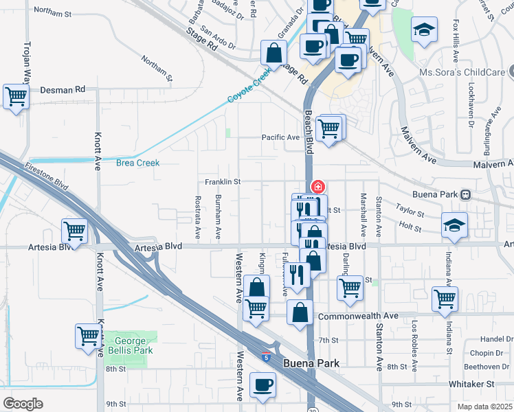 map of restaurants, bars, coffee shops, grocery stores, and more near 5831 Kingman Avenue in Buena Park