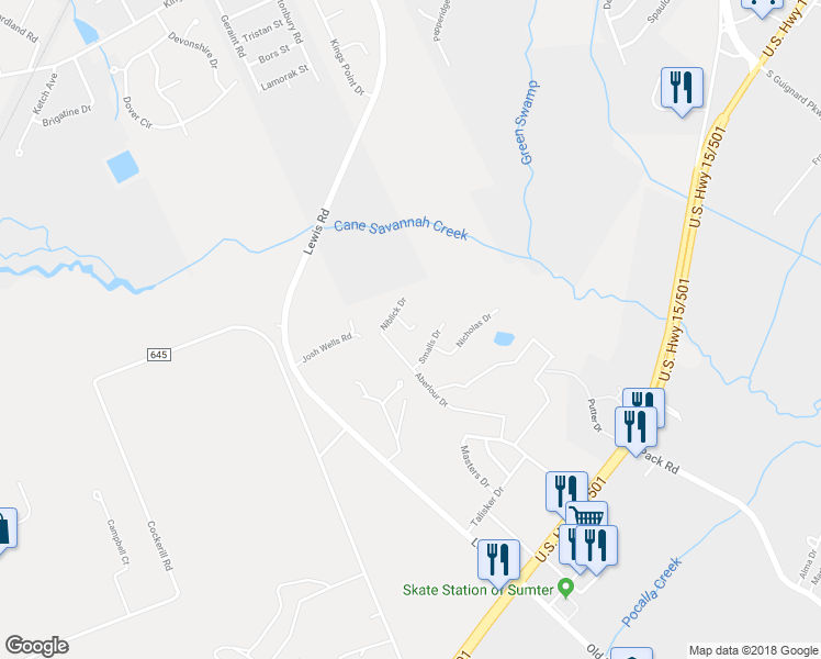 map of restaurants, bars, coffee shops, grocery stores, and more near 1755 Carnoustie Drive in Sumter