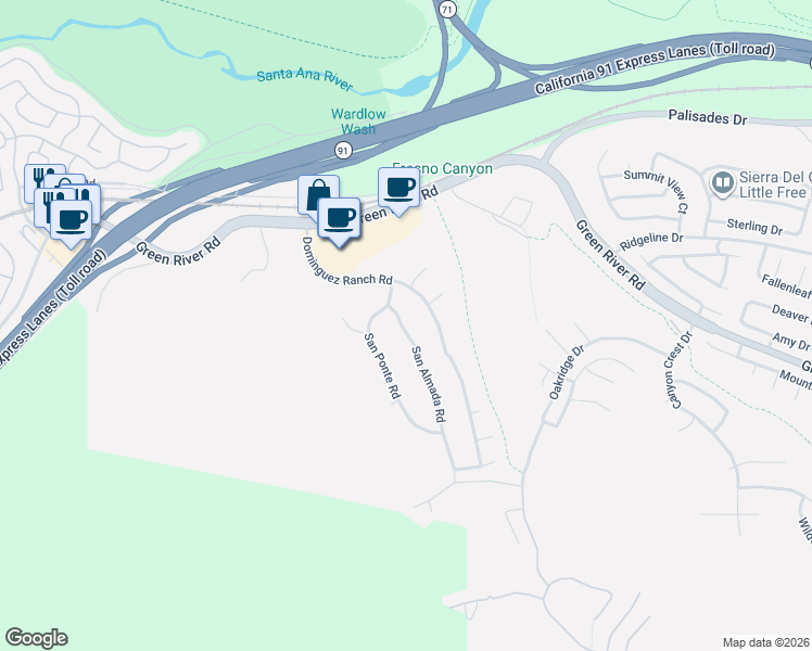map of restaurants, bars, coffee shops, grocery stores, and more near 1441 San Almada Road in Corona