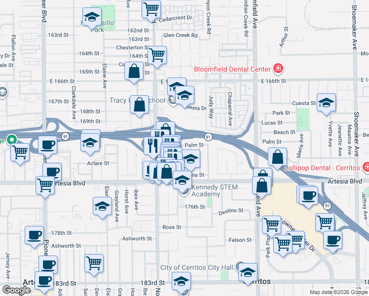 map of restaurants, bars, coffee shops, grocery stores, and more near 12331 Palm Street in Cerritos