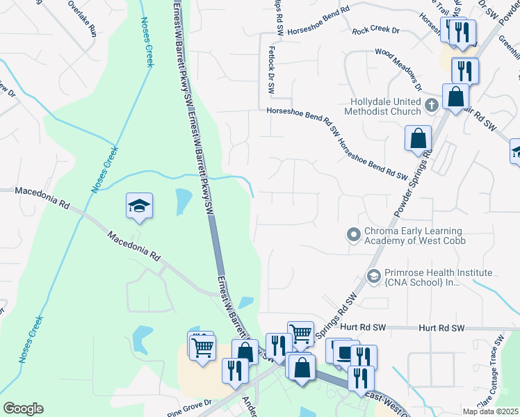 map of restaurants, bars, coffee shops, grocery stores, and more near 3100 Goldenrod Lane in Marietta