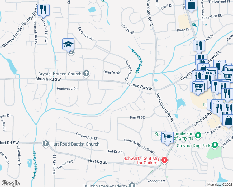 map of restaurants, bars, coffee shops, grocery stores, and more near 3164 Autumn Brook Trail in Smyrna