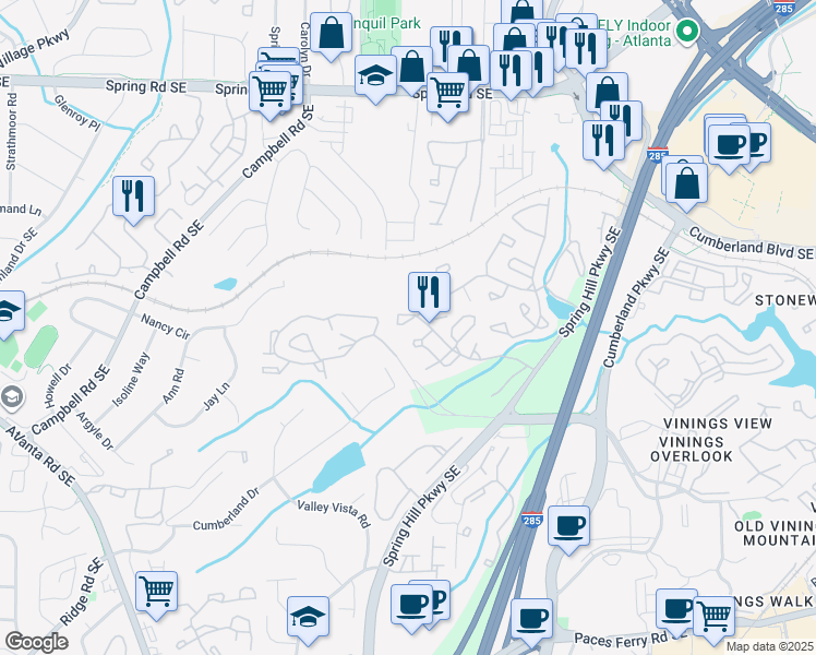 map of restaurants, bars, coffee shops, grocery stores, and more near 1506 Cumberland Court Southeast in Smyrna