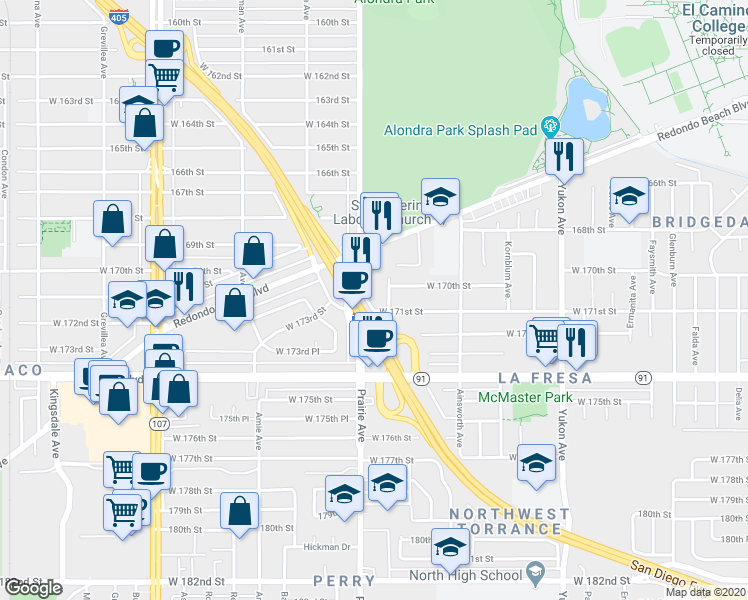 map of restaurants, bars, coffee shops, grocery stores, and more near 17002 Cordary Avenue in Torrance