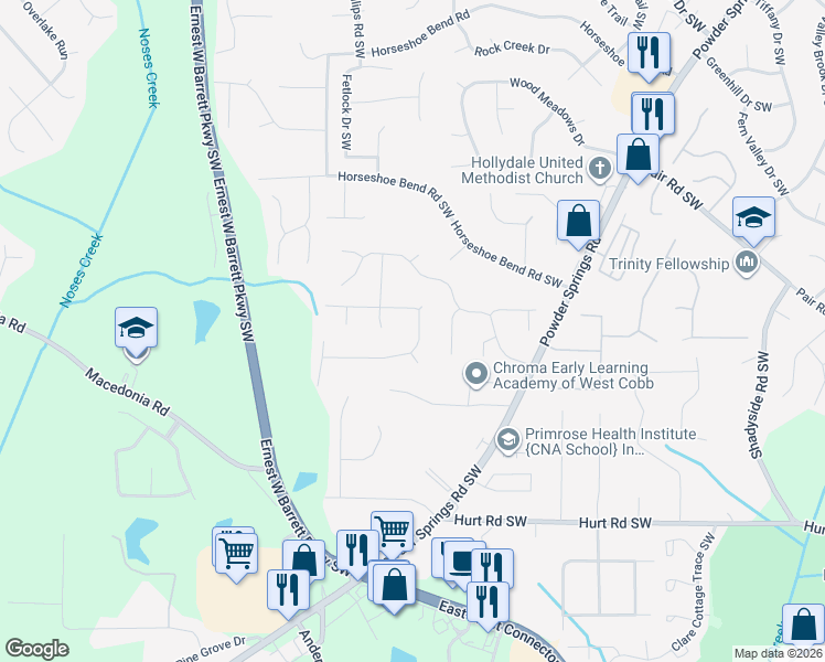 map of restaurants, bars, coffee shops, grocery stores, and more near 2668 Foxglove Drive Southwest in Marietta