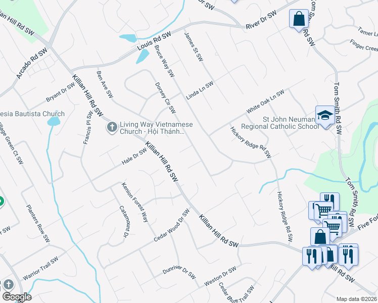 map of restaurants, bars, coffee shops, grocery stores, and more near 4244 Dorsey Court Southwest in Lilburn