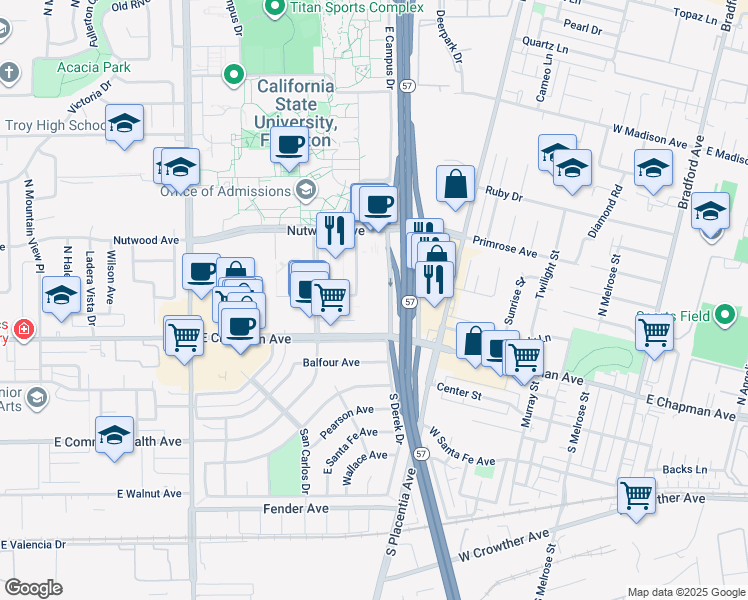 map of restaurants, bars, coffee shops, grocery stores, and more near 600 Langsdorf Drive in Fullerton