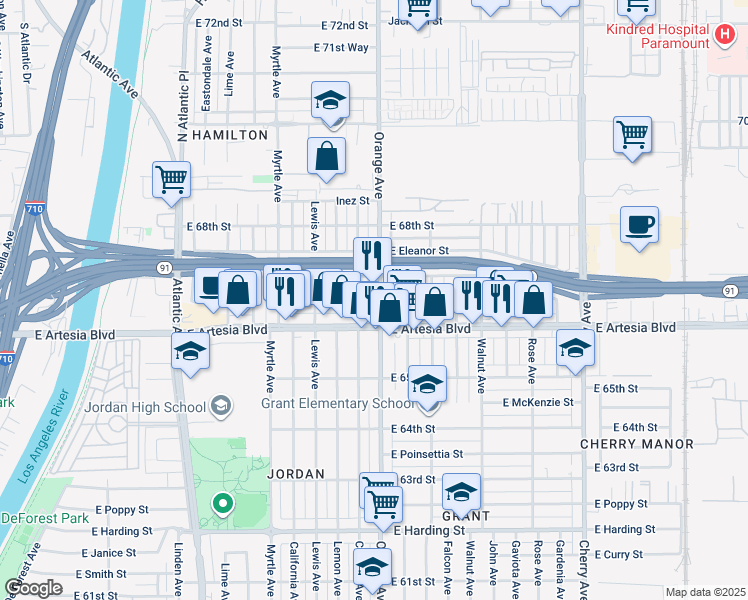 map of restaurants, bars, coffee shops, grocery stores, and more near 6645 Orange Avenue in Long Beach