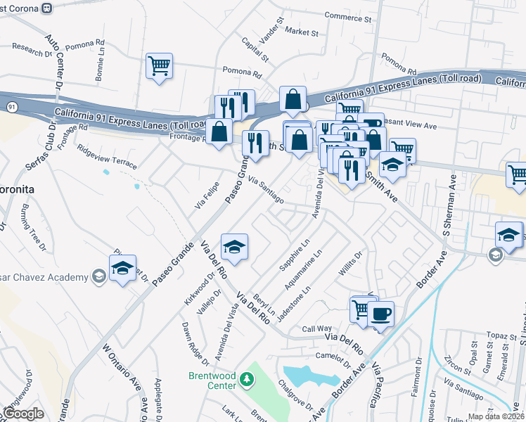 map of restaurants, bars, coffee shops, grocery stores, and more near 880 Robles Place in Corona