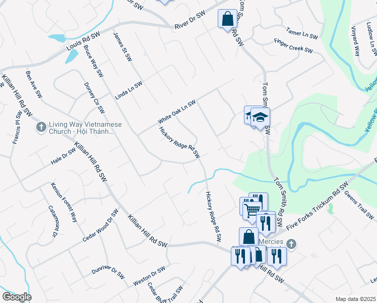 map of restaurants, bars, coffee shops, grocery stores, and more near 705 Hickory Ridge Road Southwest in Lilburn